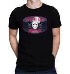 Black Crystal Lake Brewing Co. T-shirt with red bloody knife and mask design