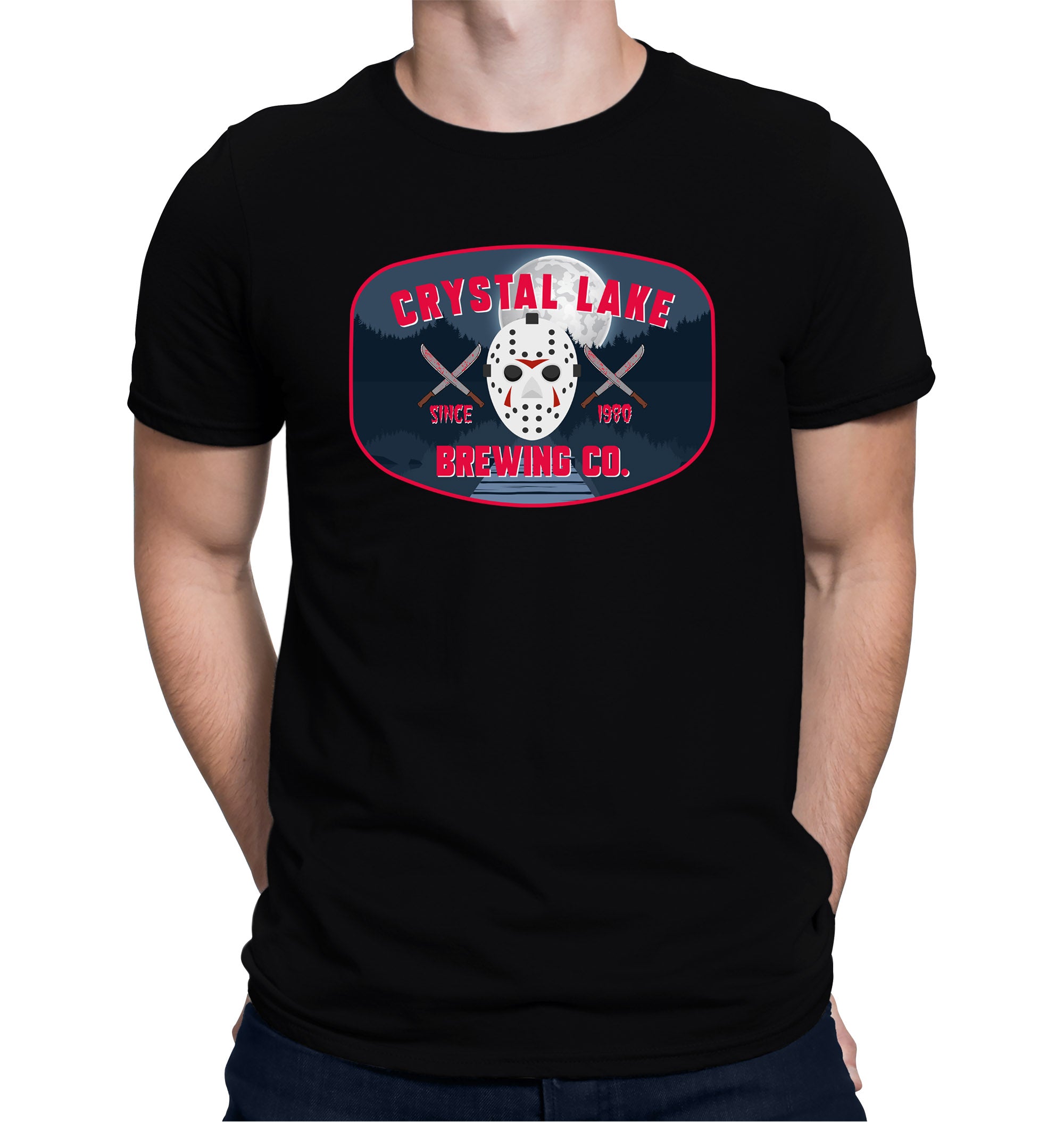 Black Crystal Lake Brewing Co. T-shirt with red bloody knife and mask design