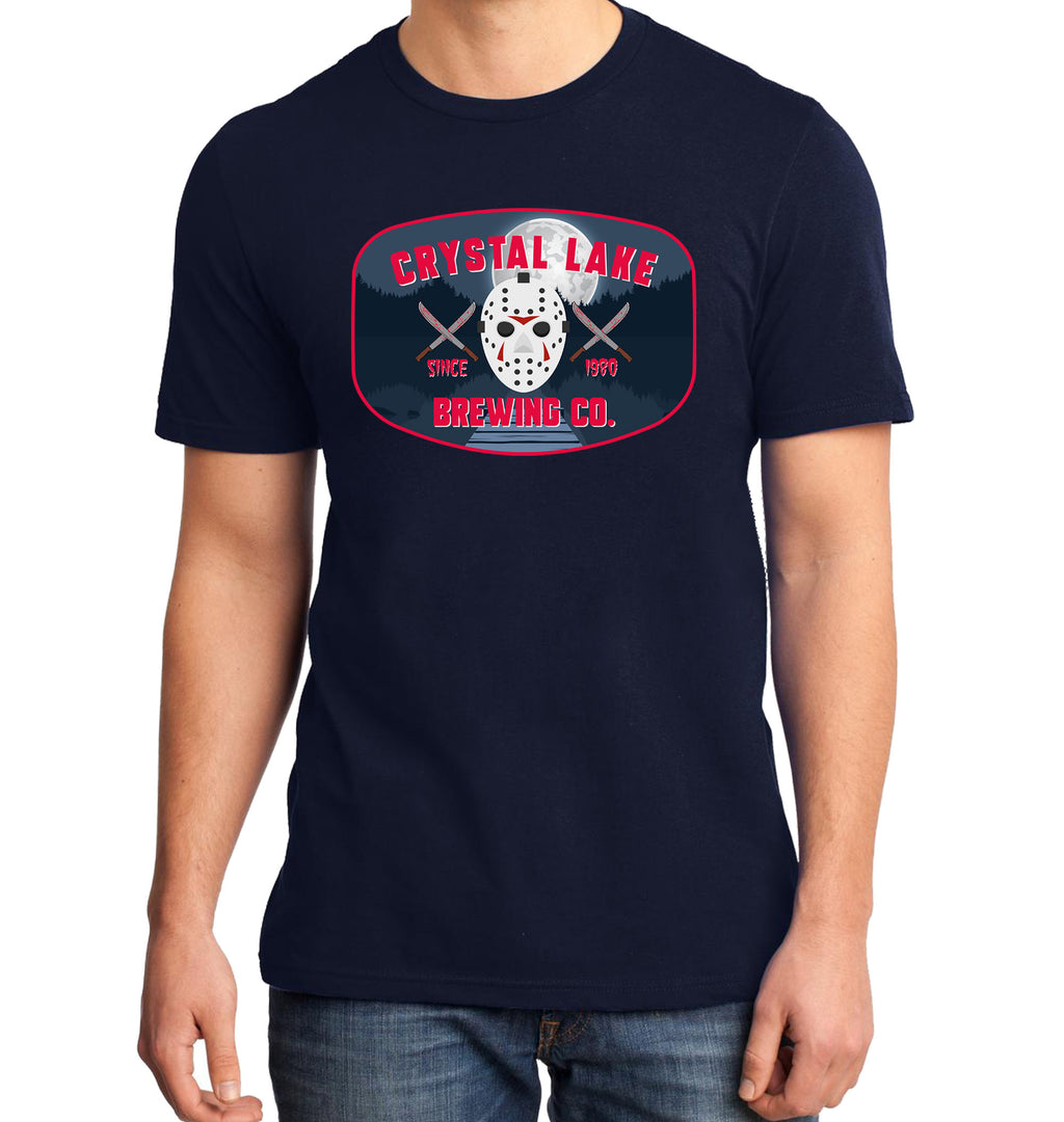 Navy slasher parody shirt with horror-themed brewery logo