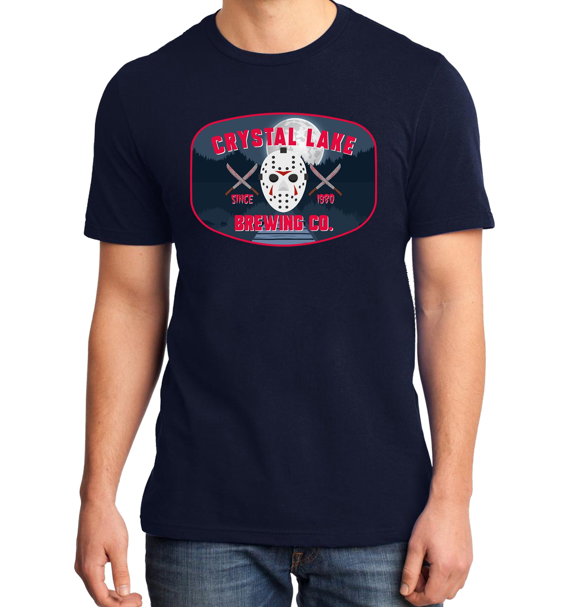 Navy slasher parody shirt with horror-themed brewery logo