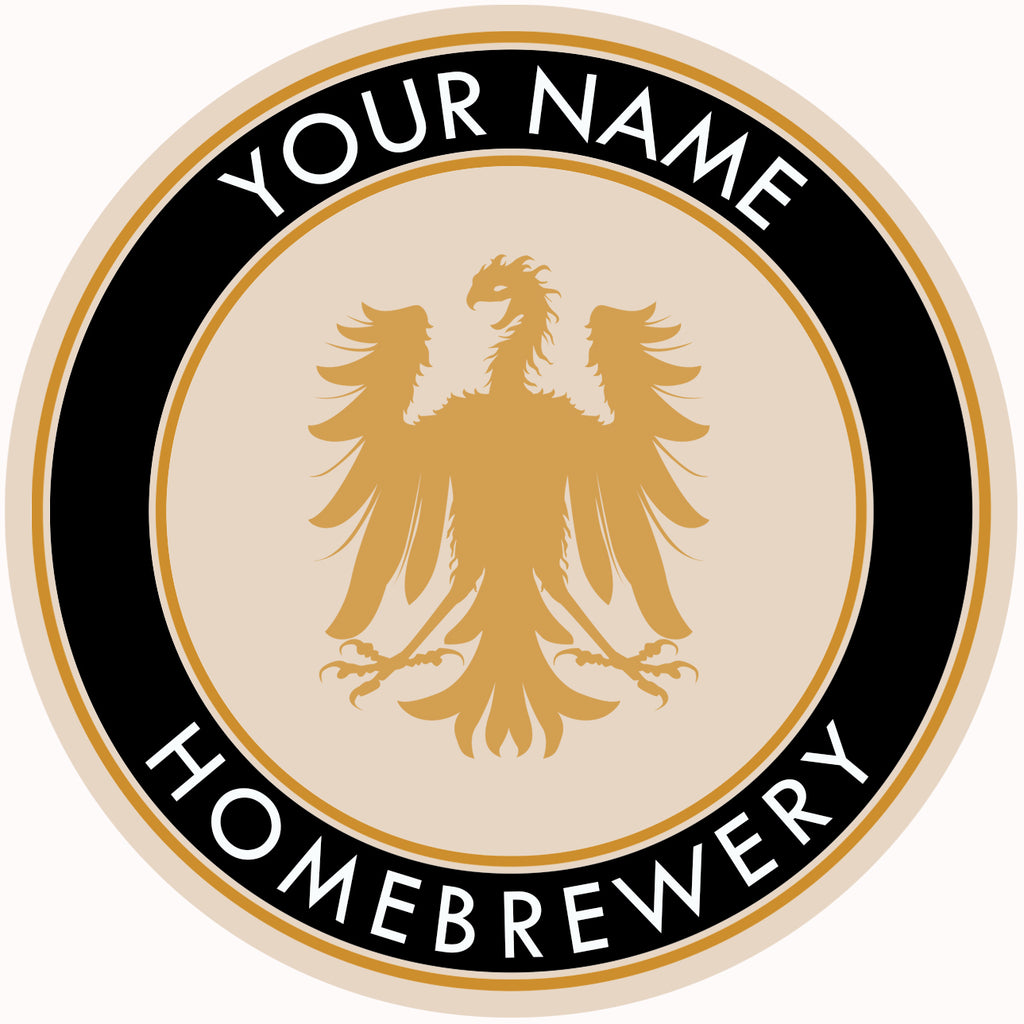 Round coaster with stylized German eagle crest and black trim with customizable text