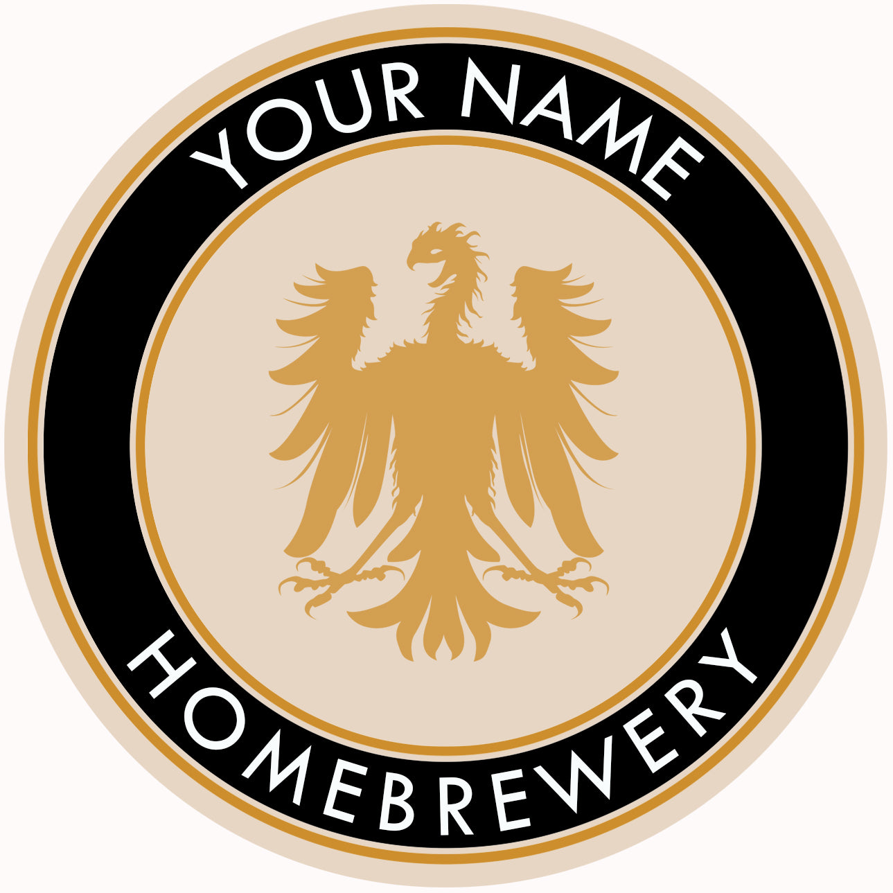 Round coaster with stylized German eagle crest and black trim with customizable text