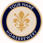 Round beer coaster with fleur-de-lis emblem and navy trim featuring customizable text