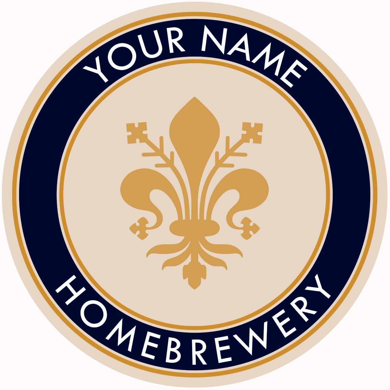 Round beer coaster with fleur-de-lis emblem and navy trim featuring customizable text
