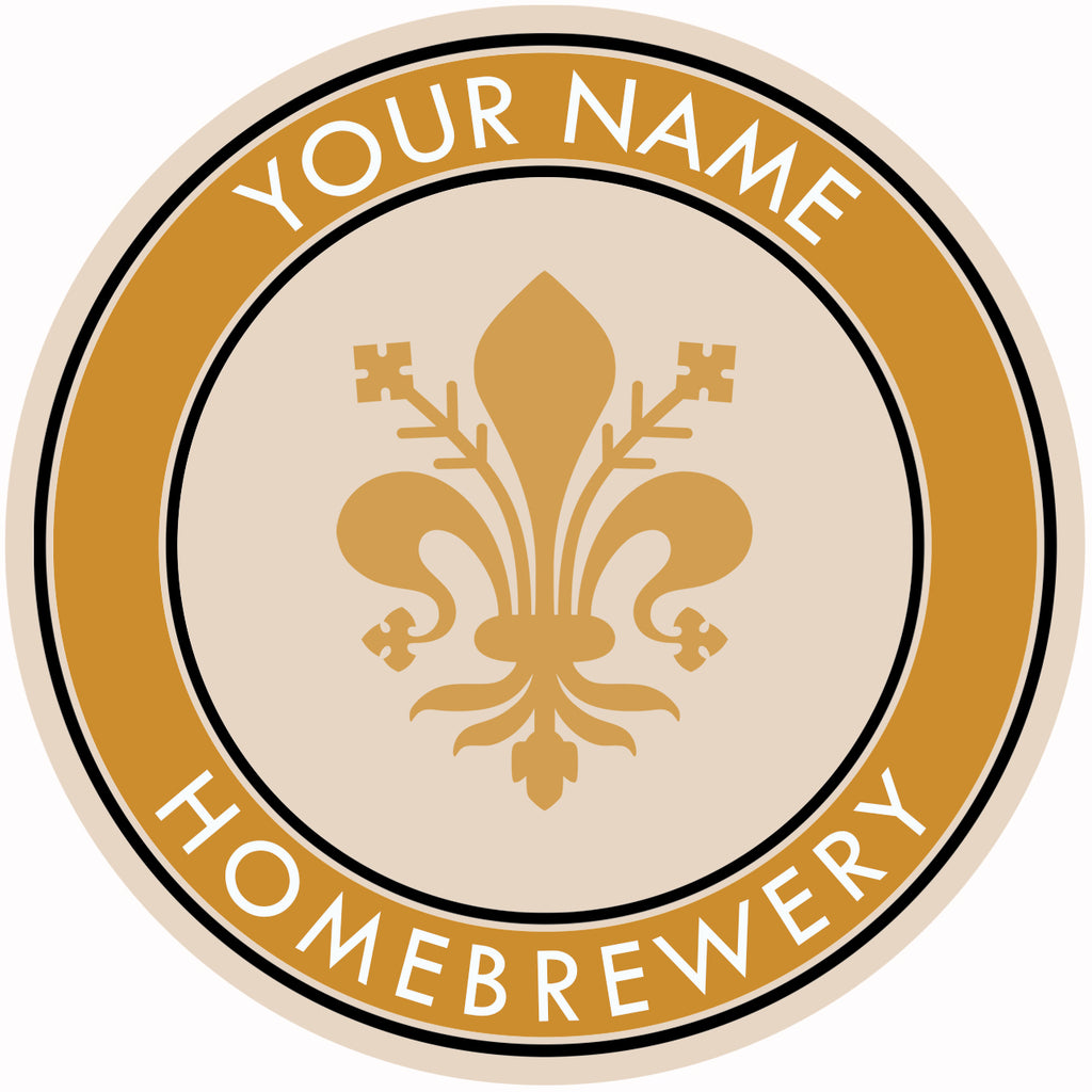 Gold-edge coaster with central fleur-de-lis design and customizable brewery name