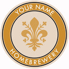 Gold-edge coaster with central fleur-de-lis design and customizable brewery name