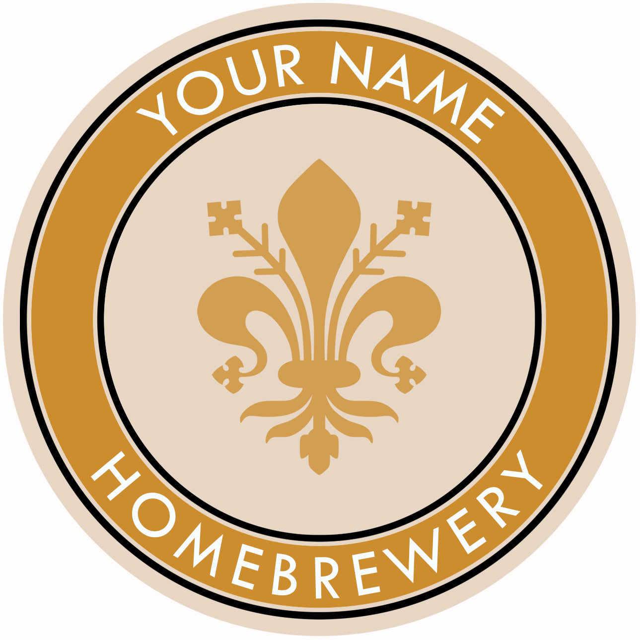 Gold-edge coaster with central fleur-de-lis design and customizable brewery name