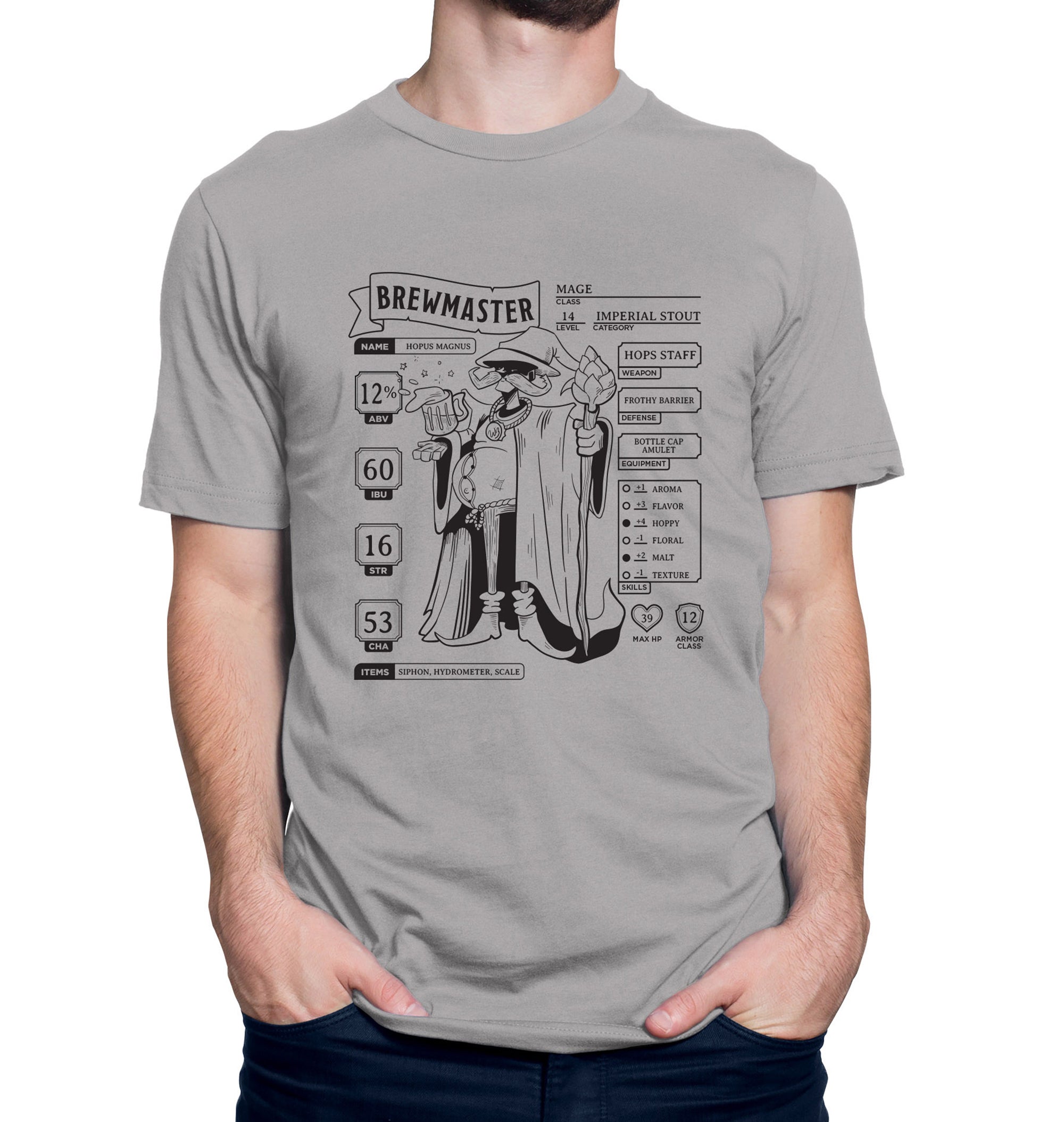 Brewmaster Character Sheet Homebrewing T-shirt featuring an RPG-inspired design