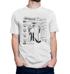 Close-up of character sheet-style stats for homebrewers on a white T-shirt