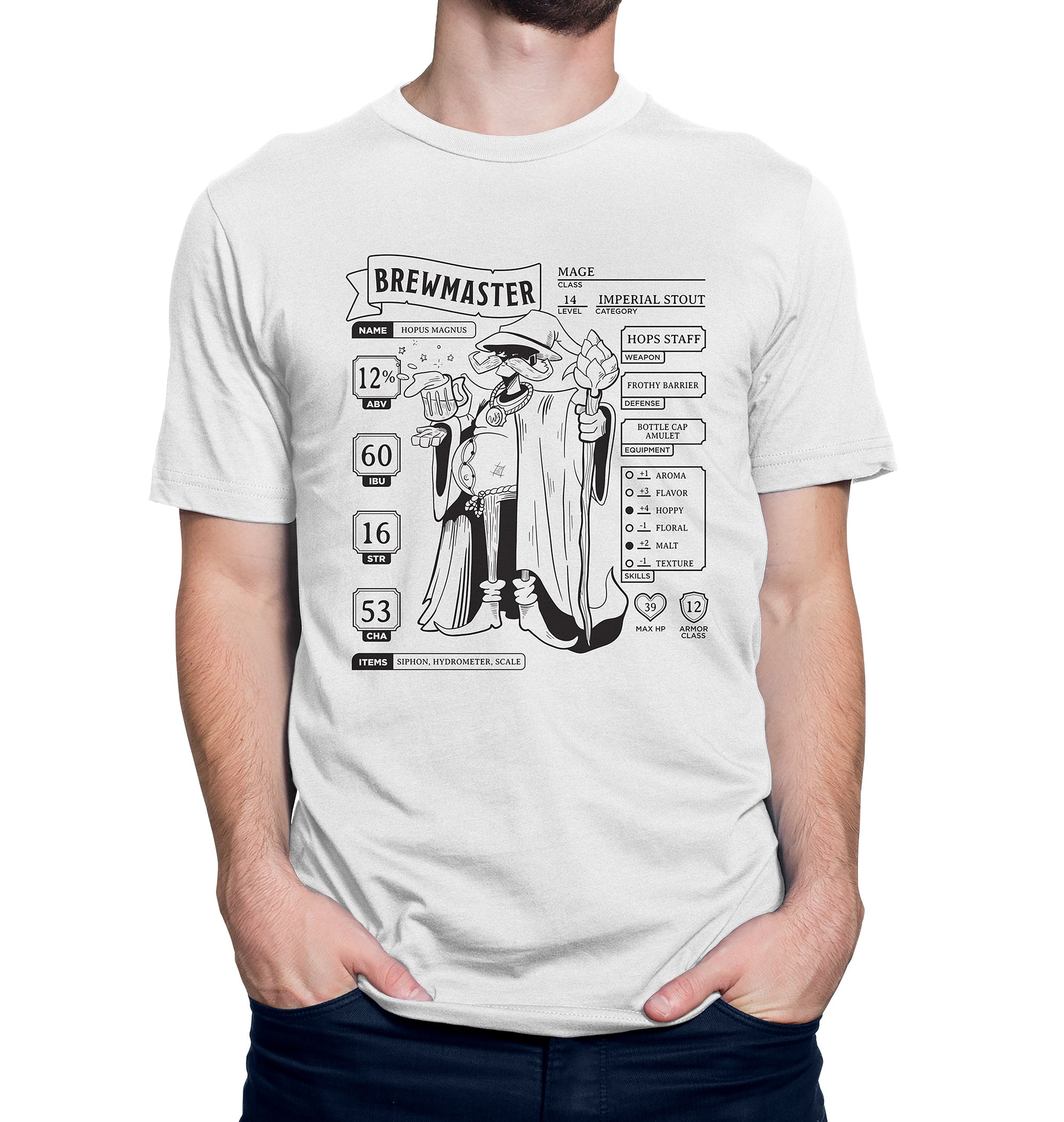 Close-up of character sheet-style stats for homebrewers on a white T-shirt
