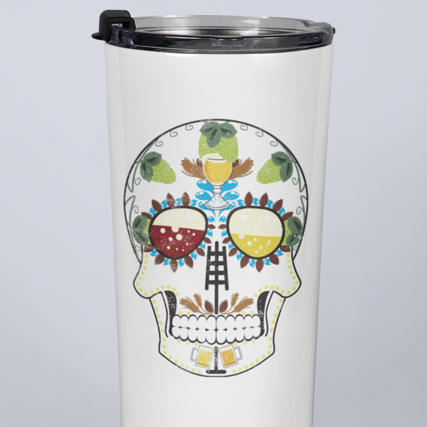Detailed sugar skull design including hops, wheat, and beer mugs on a Polar Camel tumbler