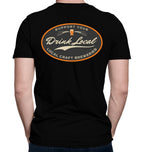 Back graphic of Drink Local shirt with oval and pint of beer
