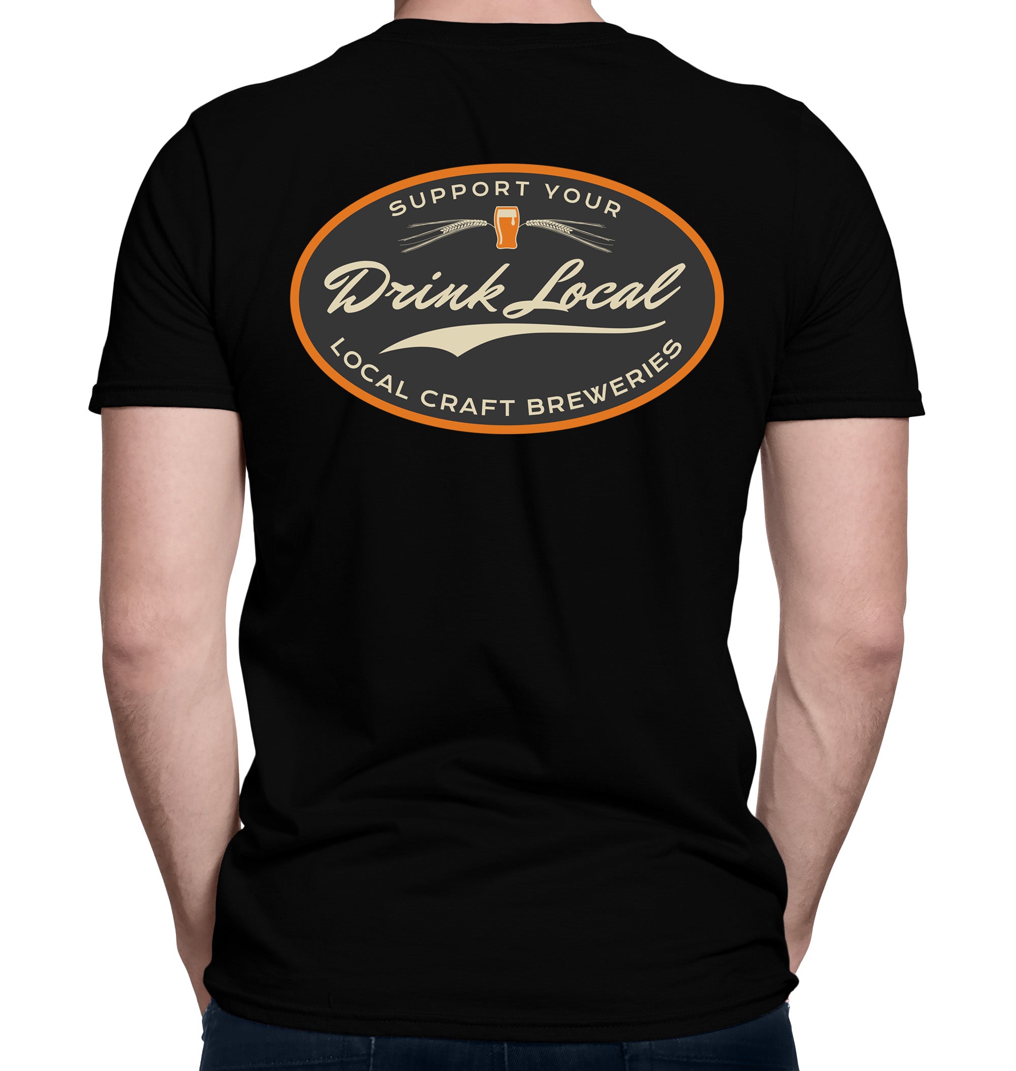 Back graphic of Drink Local shirt with oval and pint of beer