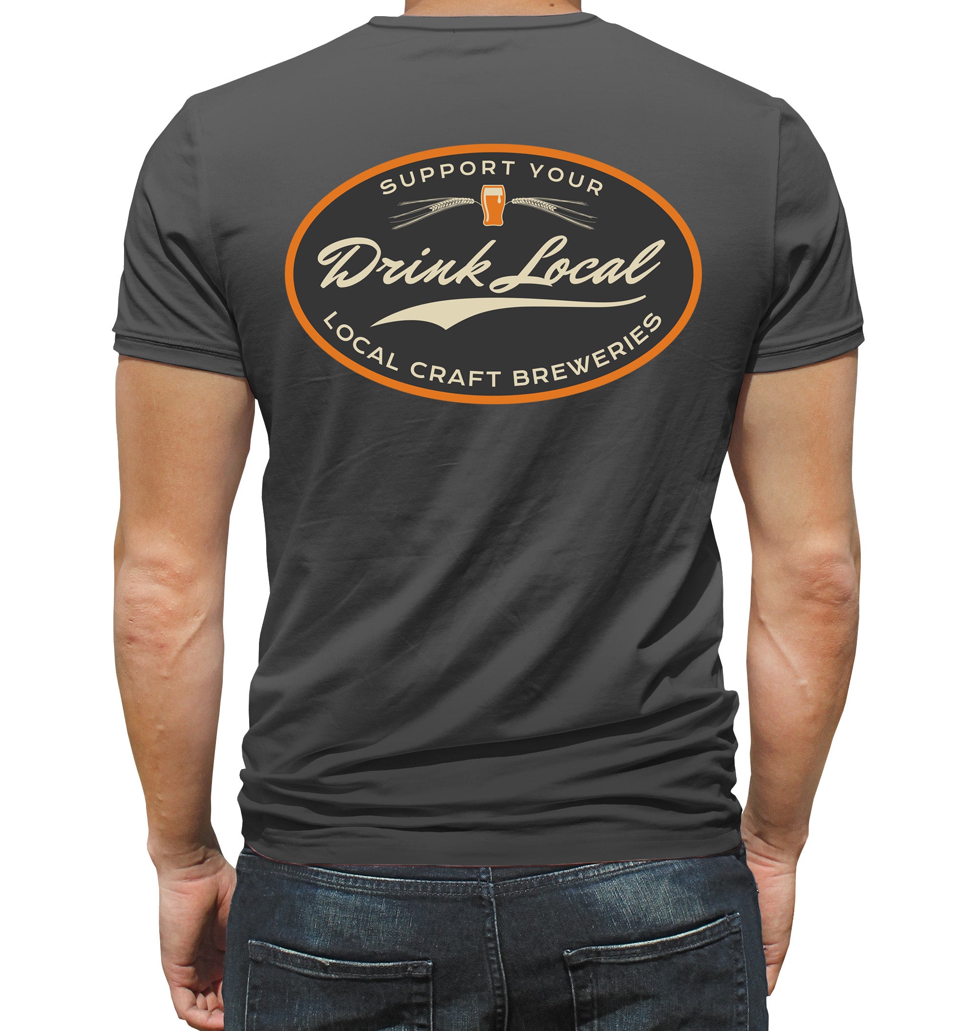 Back of shirt with oval Support Your Local Craft Breweries design