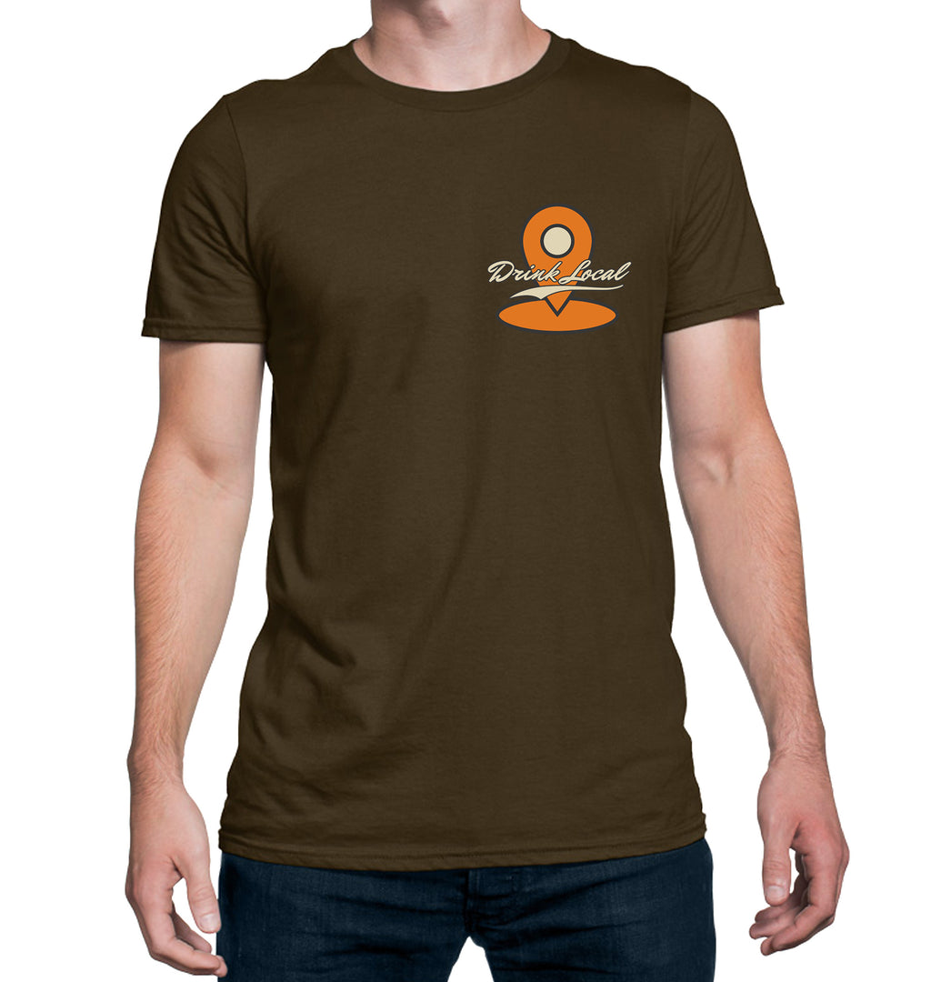 Front of brown T-shirt with Drink Local location pin graphic