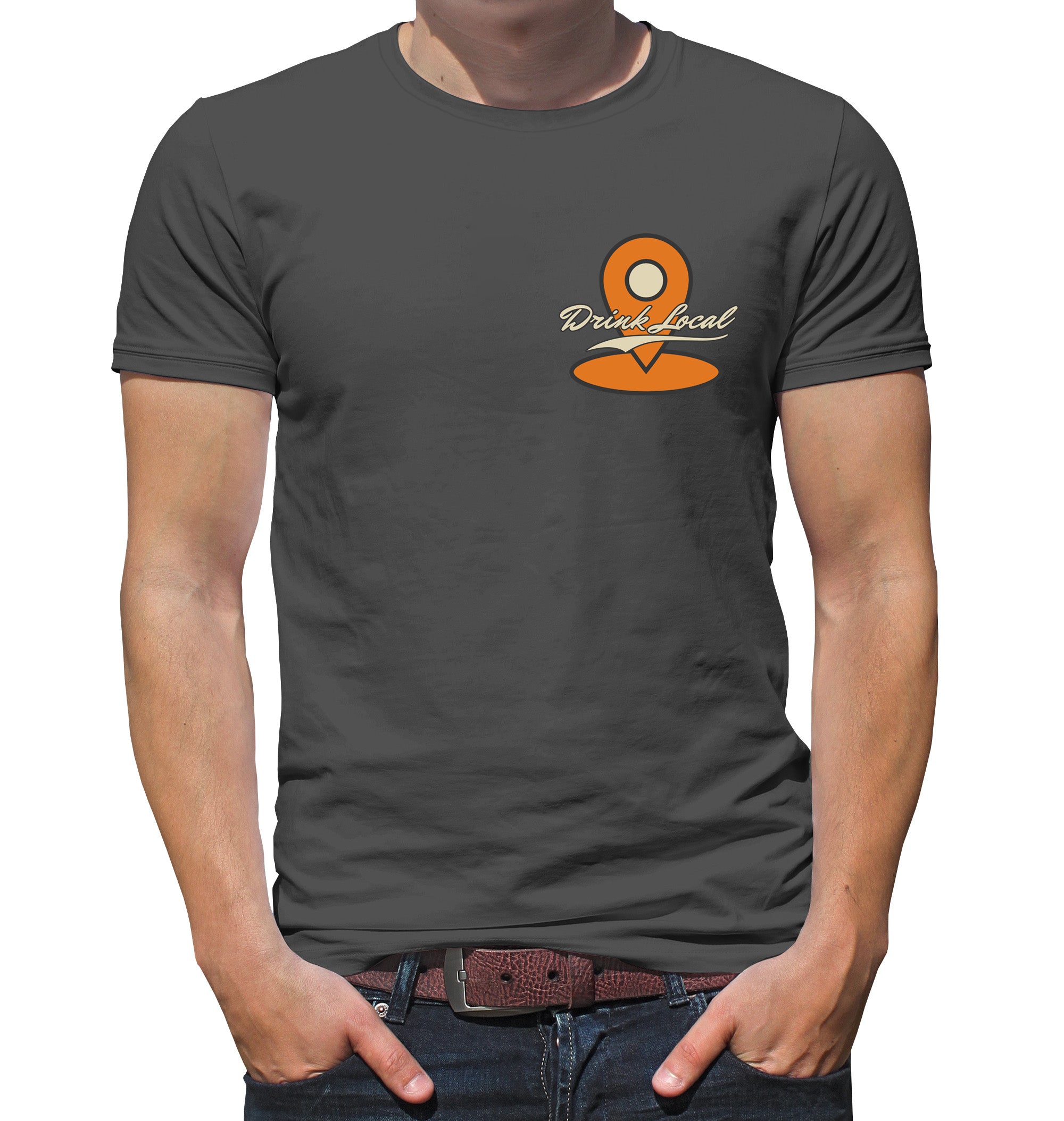 Drink Local craft beer shirt with orange map pin and white script text