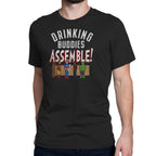 Black t-shirt with Drinking Buddies Assemble superhero parody design
