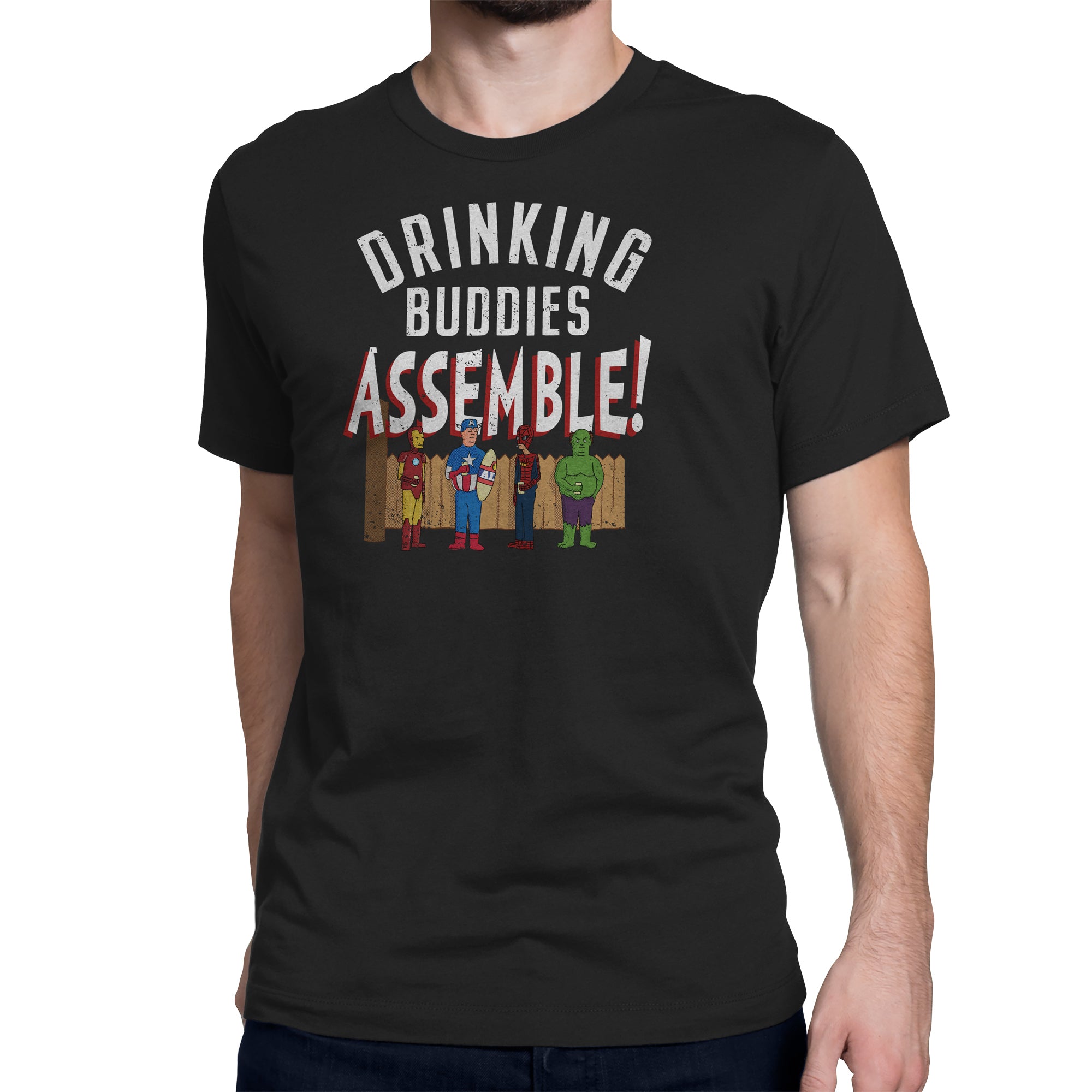 Black t-shirt with Drinking Buddies Assemble superhero parody design