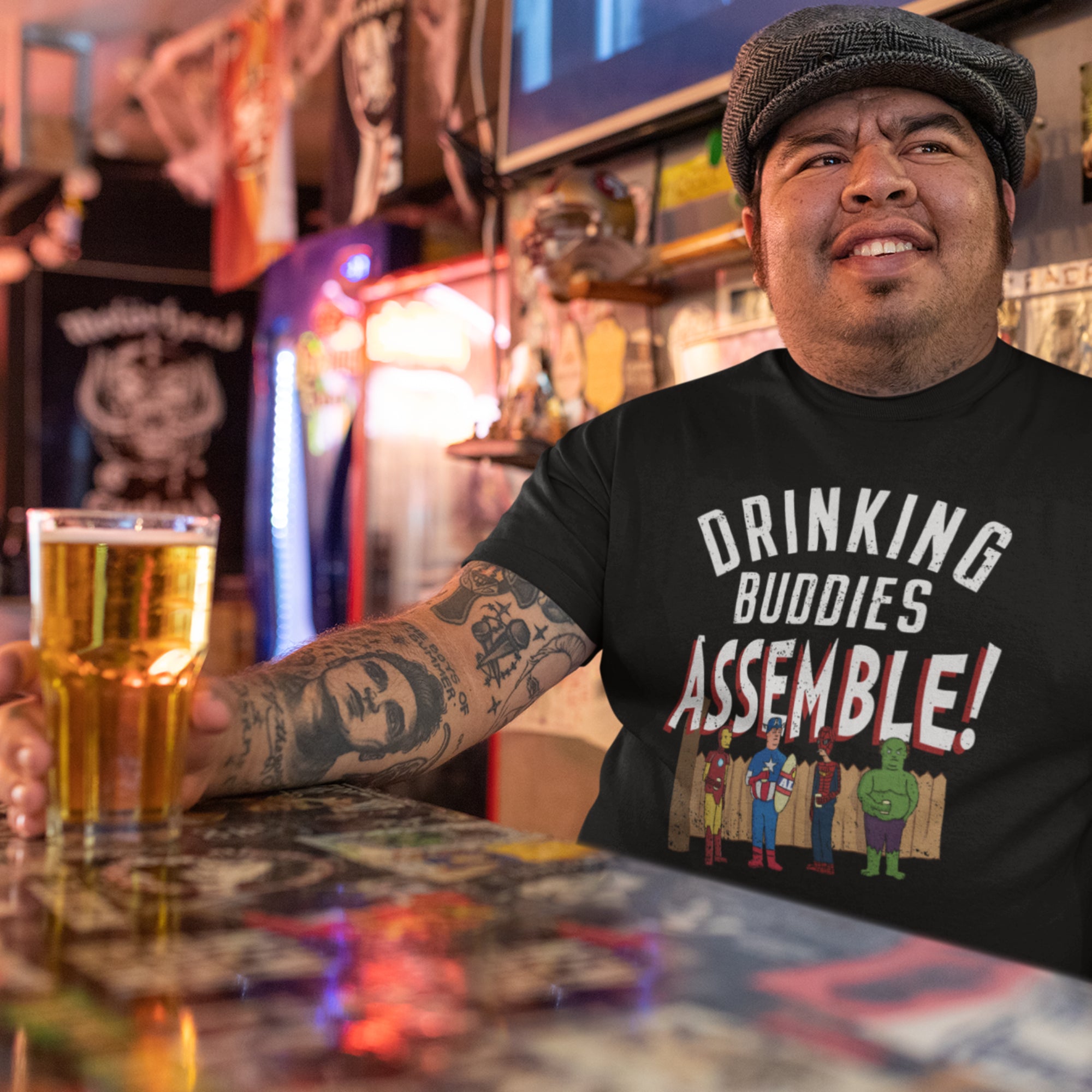 Drinking-themed t-shirt with four comic book heroes holding beers