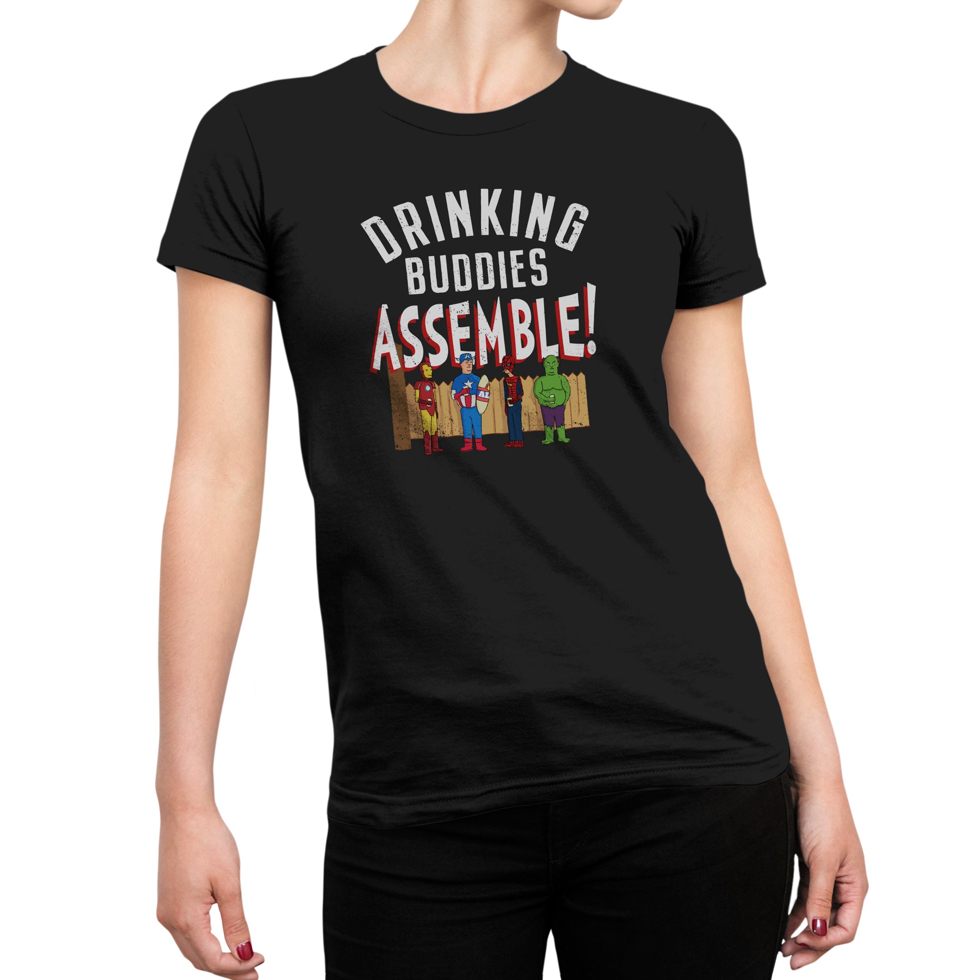 Funny beer shirt featuring Avengers-style characters drinking