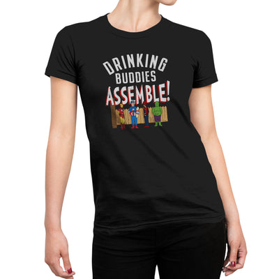 Drinking Buddies Assemble design on black t-shirt modeled by a woman