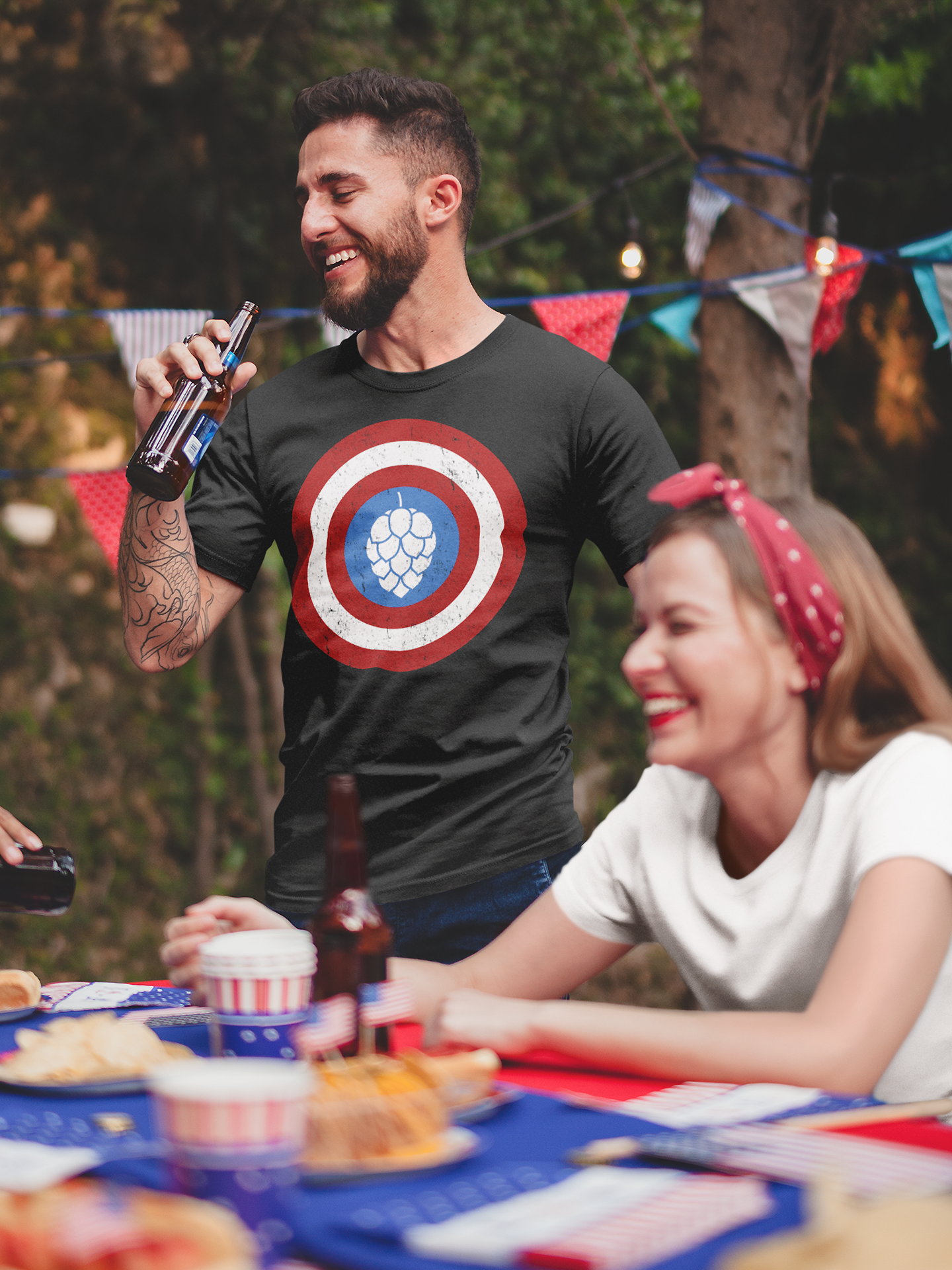 Front view of Captain Hop Cone parody shirt in black