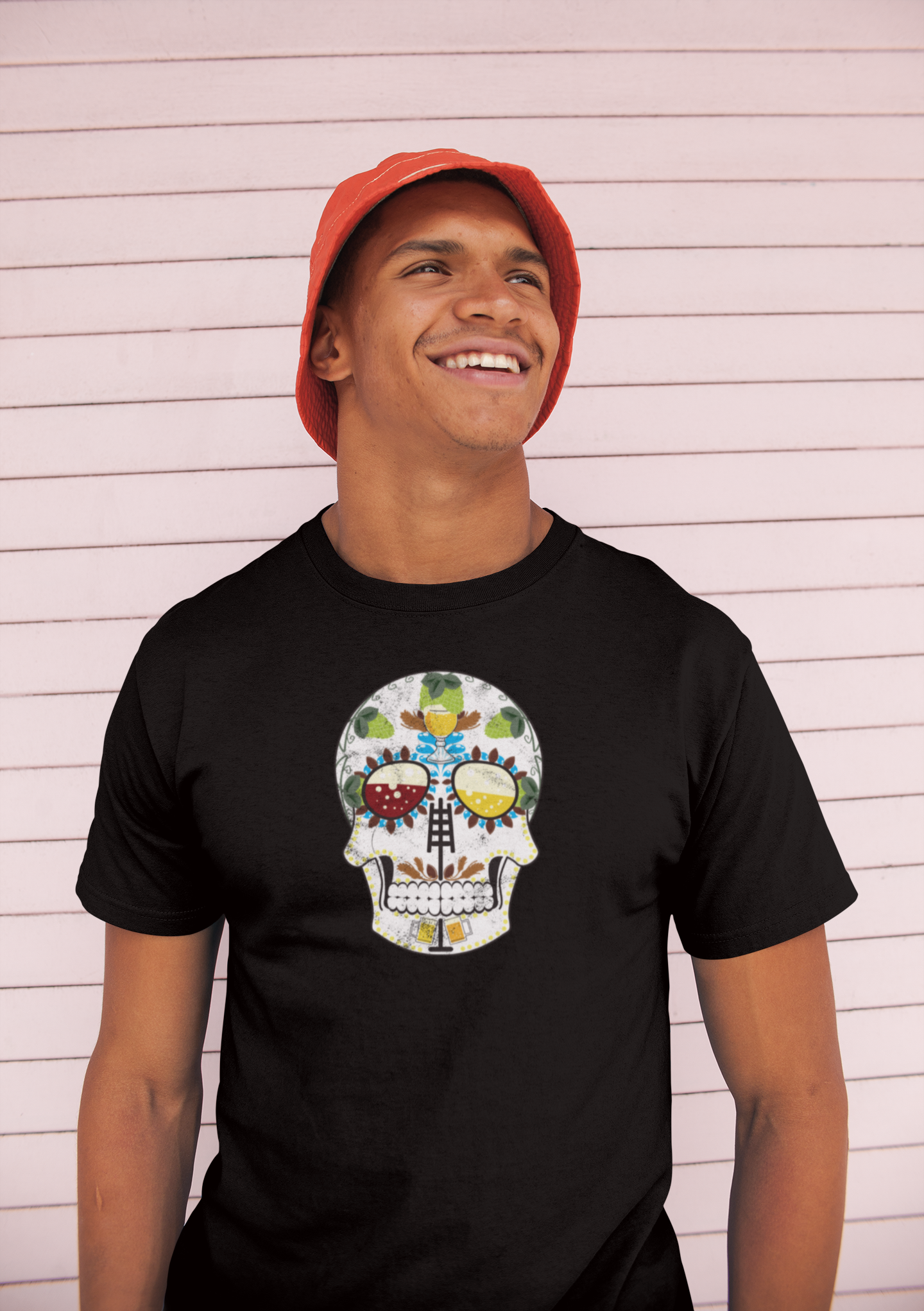 Front view of a unisex Brewer’s Sugar Skull tee perfect for homebrewers