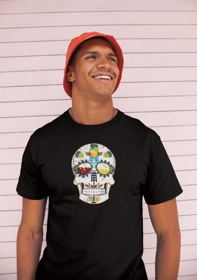 Front view of a unisex Brewer’s Sugar Skull tee perfect for homebrewers