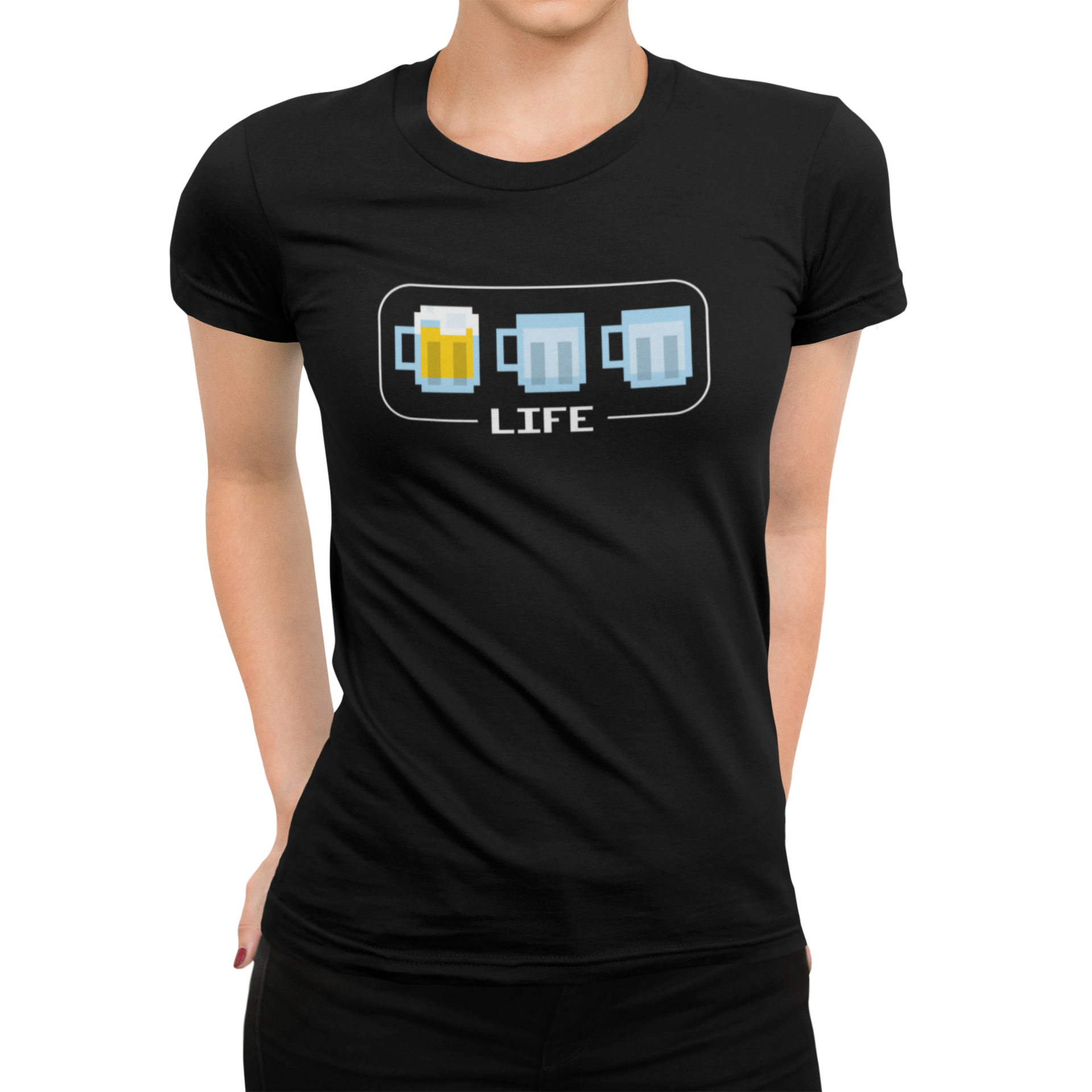 Front view of black Beer Life Bar T-shirt, perfect for gamer and craft beer fans