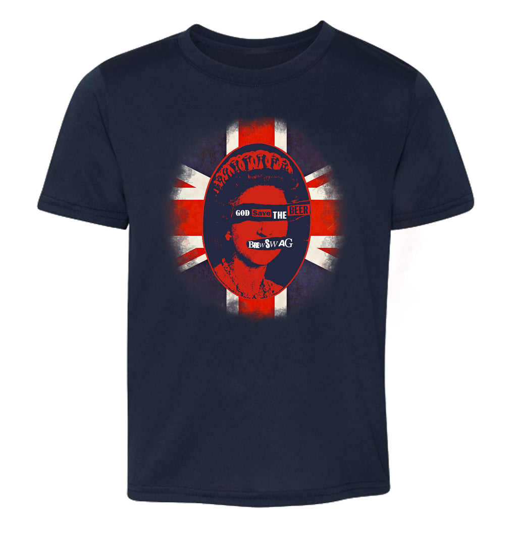 Navy beer shirt with distressed British flag and beer slogan