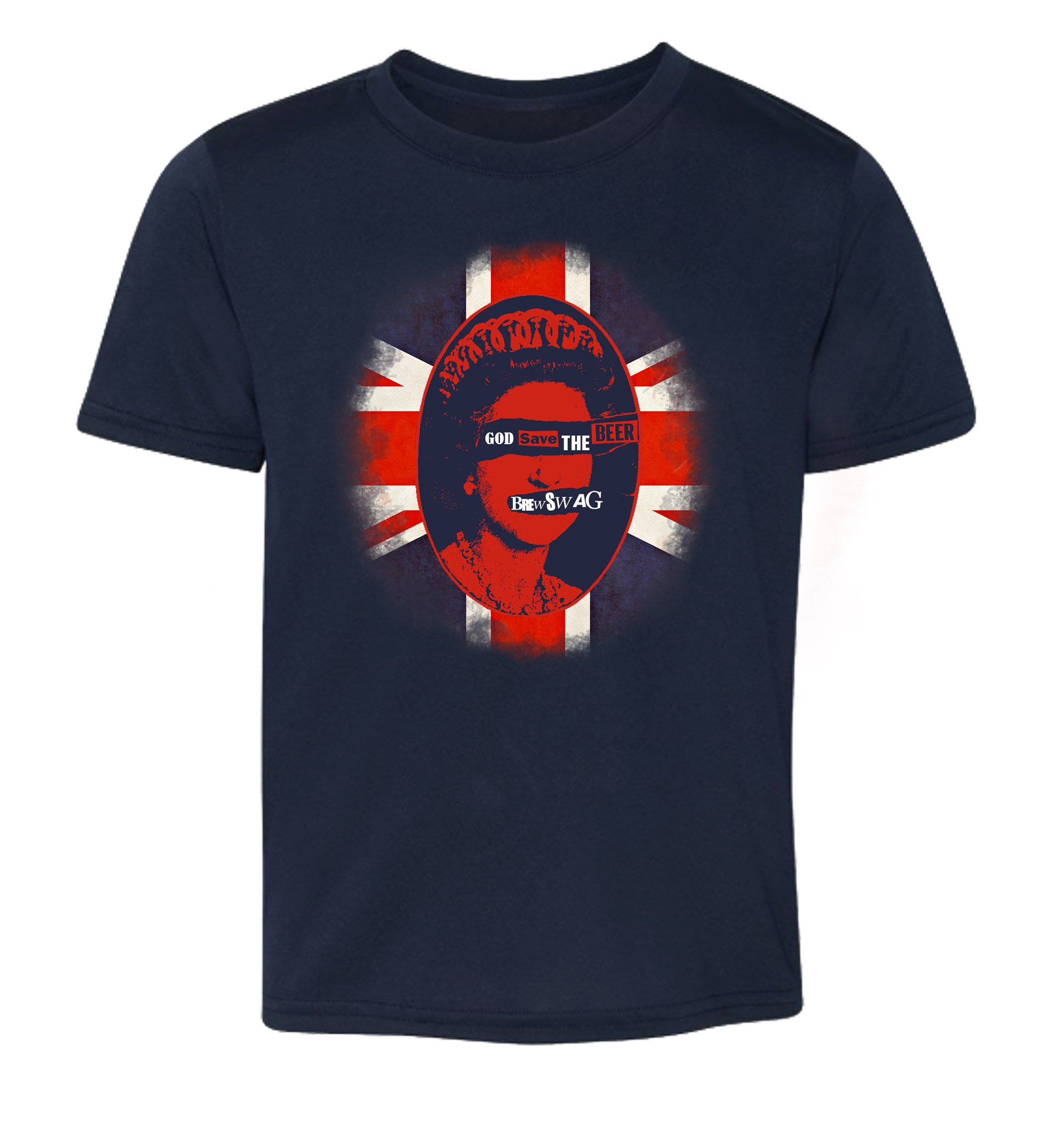 Navy beer shirt with distressed British flag and beer slogan