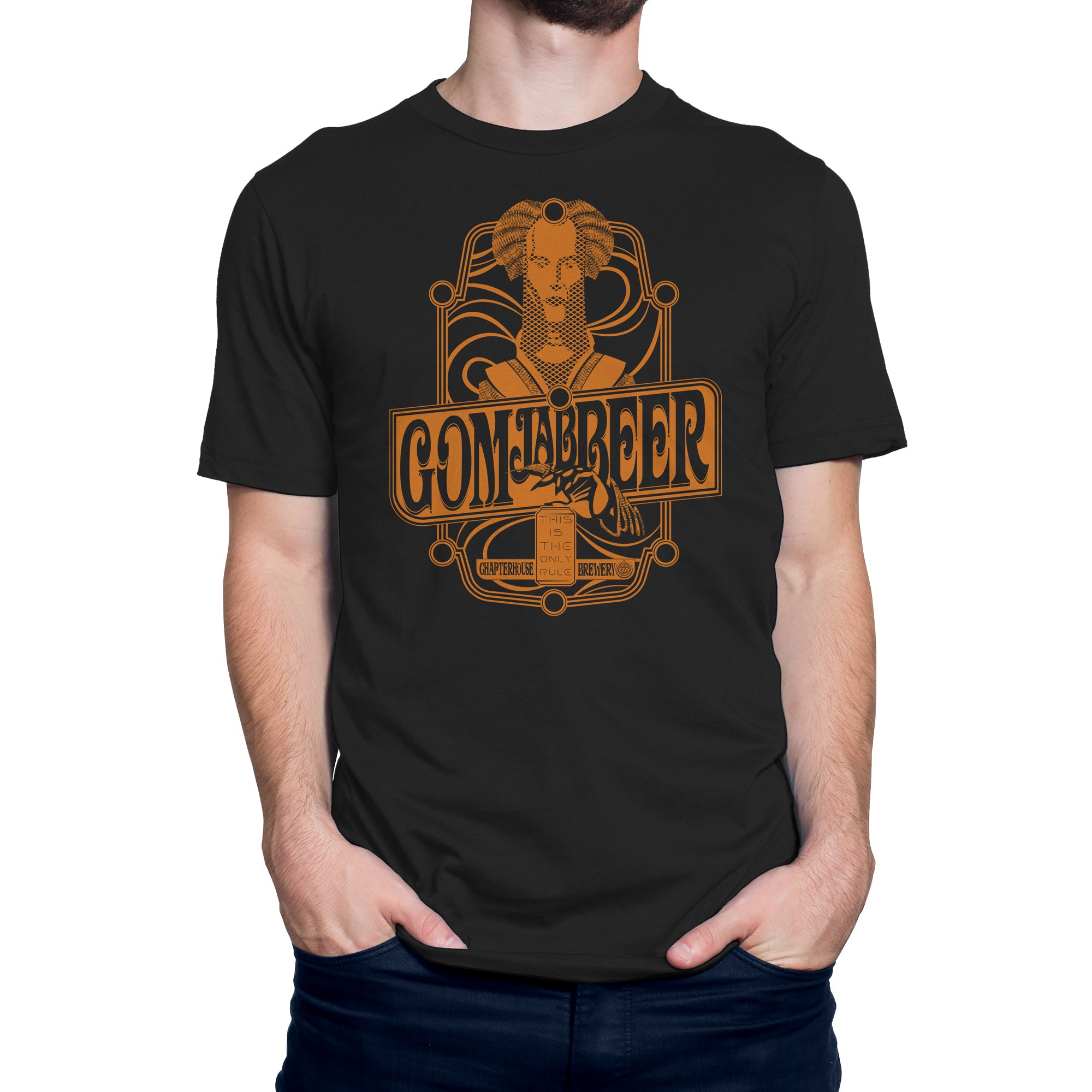 Gom Jabbeer beer t-shirt with Dune-inspired design in orange on black