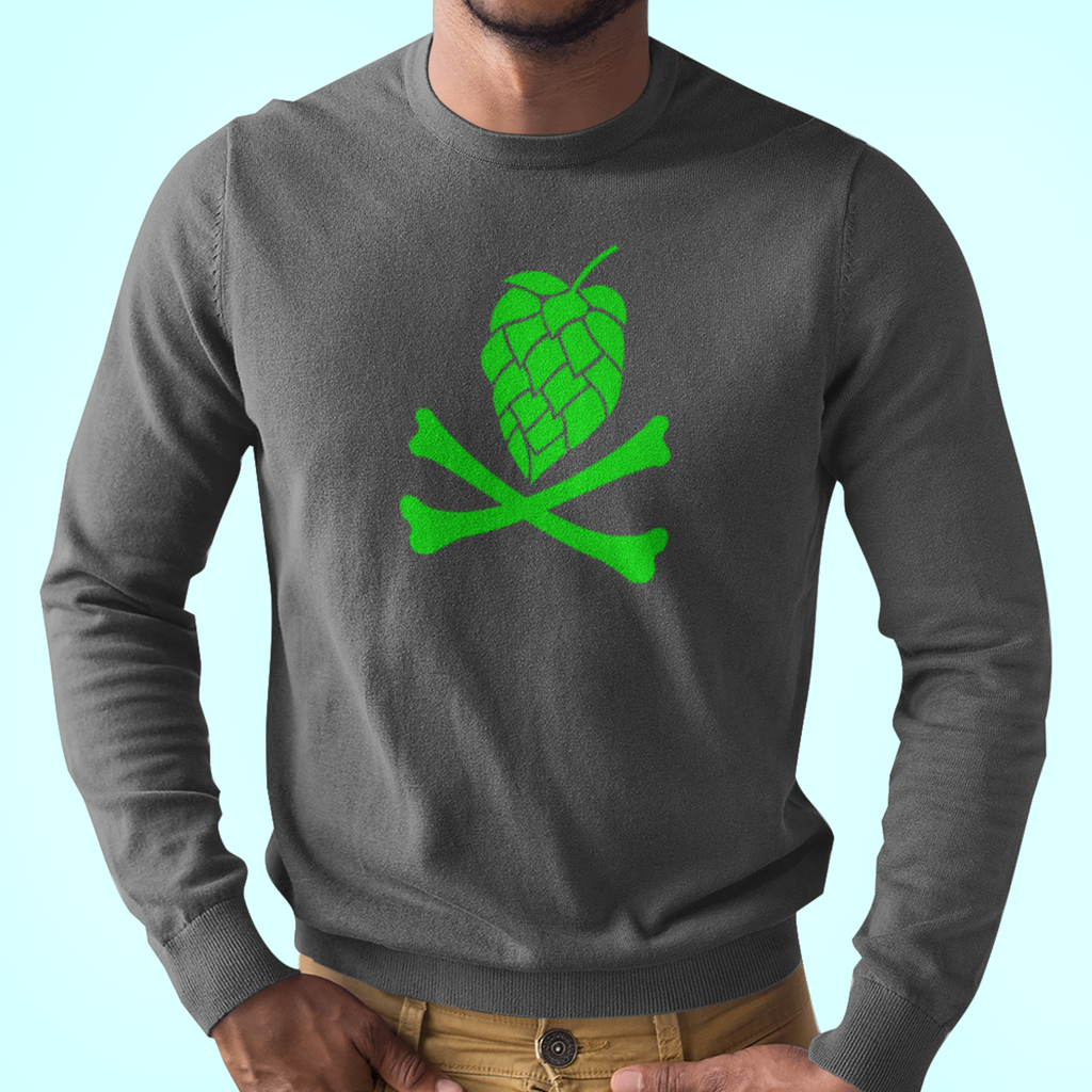 Grey longsleeve t-shirt with hop cone skull and crossbones design