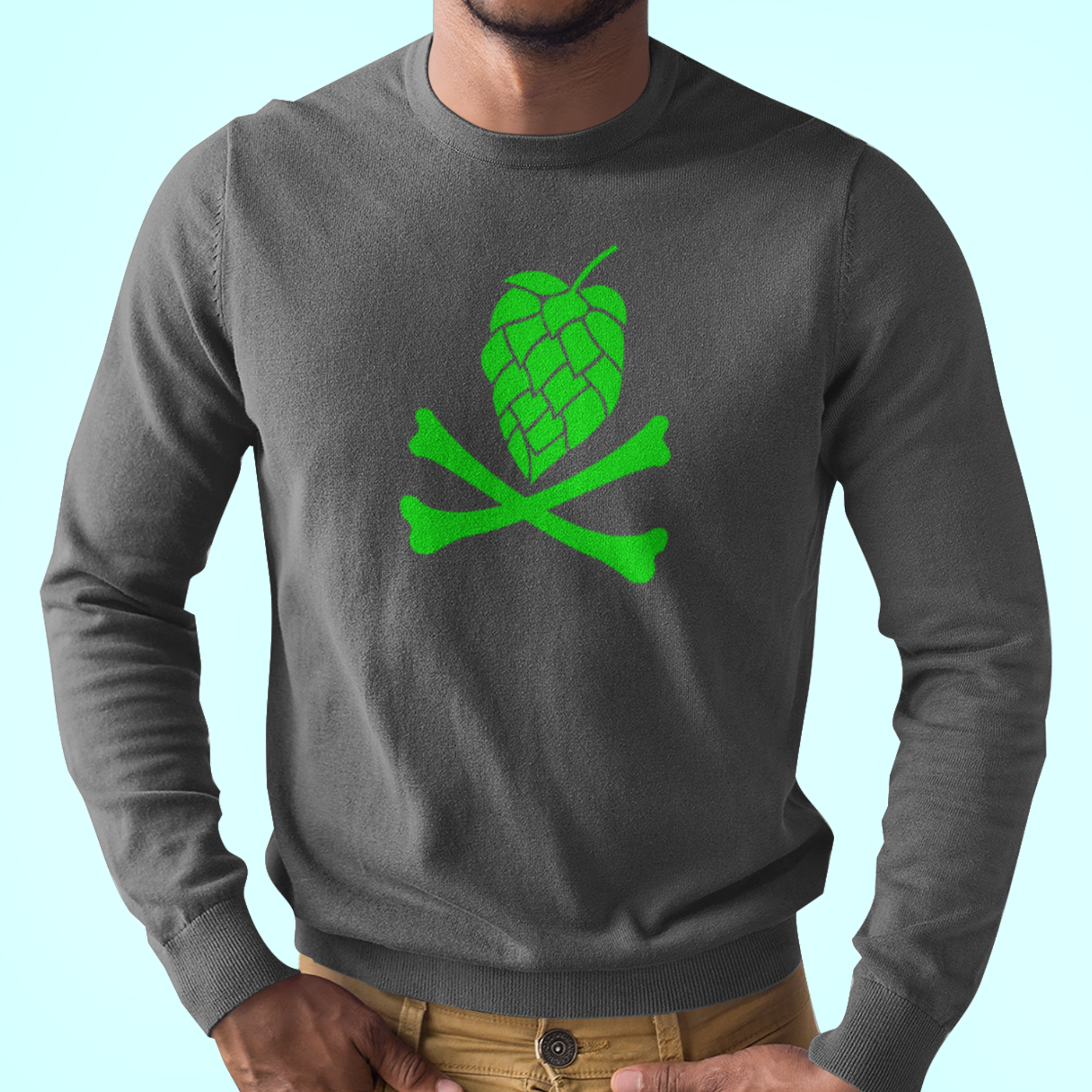 Grey longsleeve t-shirt with hop cone skull and crossbones design