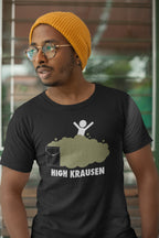 Black tee depicting brewing foam disaster and bucket graphic