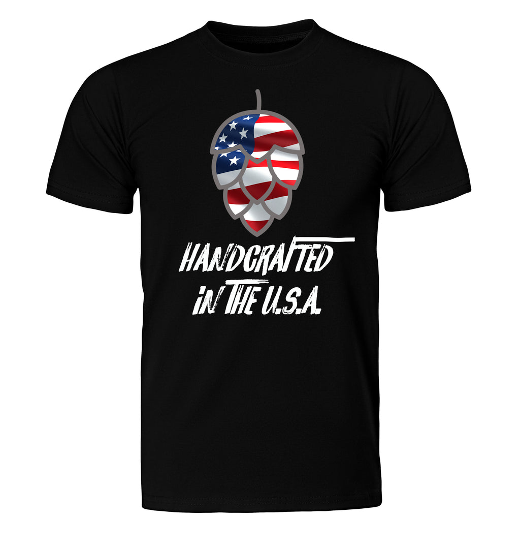 Unisex t-shirt with Handcrafted in the USA text and hop-over-flag image
