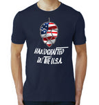 Navy craft beer tee with U.S. flag background and hop cone graphic