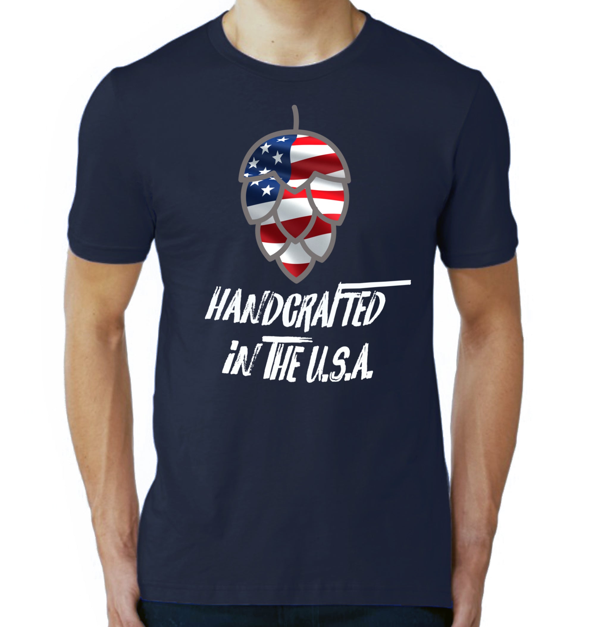 Navy craft beer tee with U.S. flag background and hop cone graphic