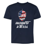 Navy ringspun cotton tee with patriotic hop cone and USA slogan