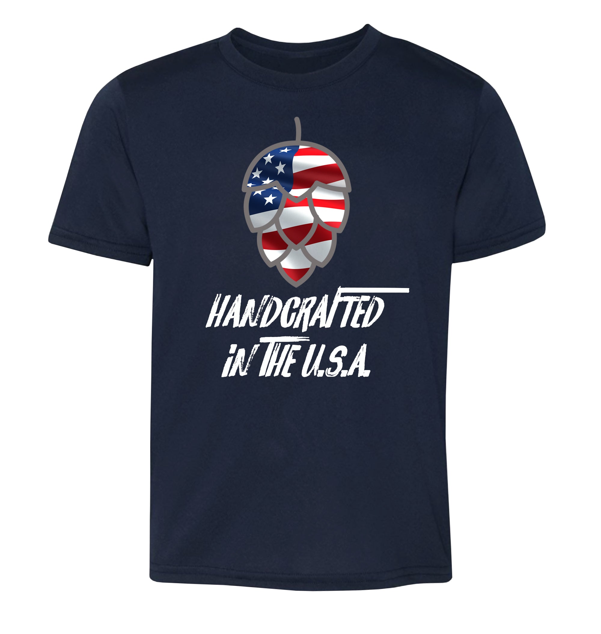 Navy ringspun cotton tee with patriotic hop cone and USA slogan