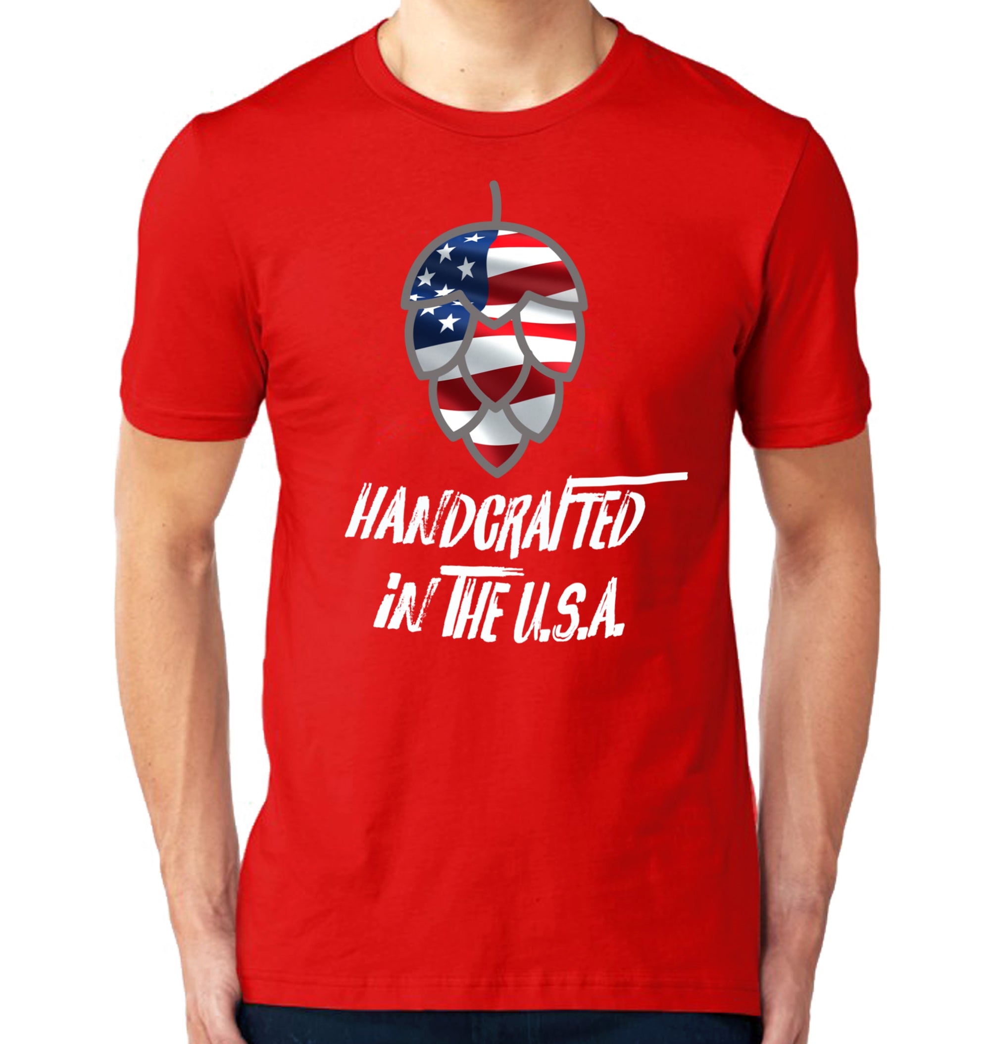 Red shirt featuring distressed American flag and handcrafted hops design