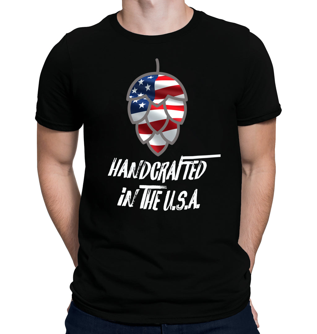 Handcrafted in the USA beer t-shirt with hop cone and American flag on black