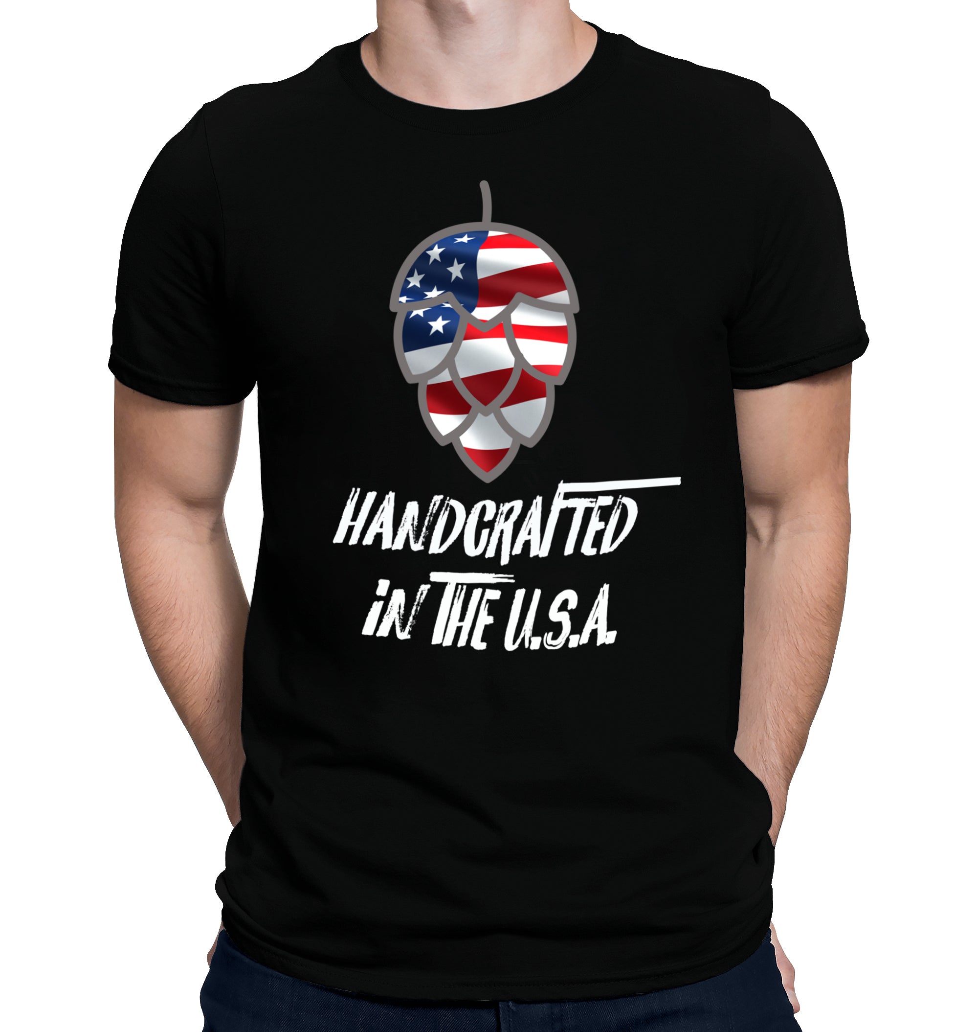 Handcrafted in the USA beer t-shirt with hop cone and American flag on black