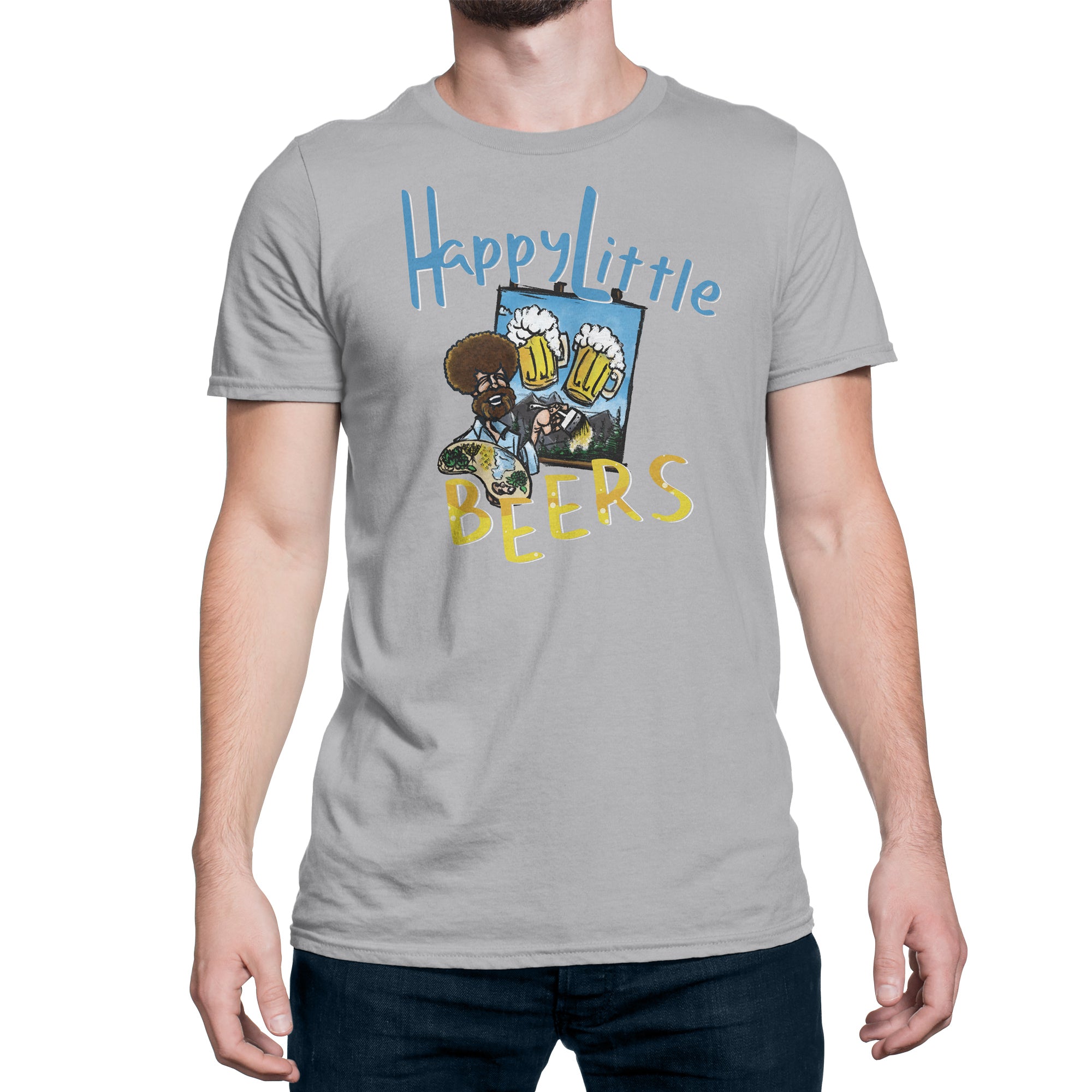 Gray t-shirt with ‘Happy Little Beers’ parody painting two mugs of beer