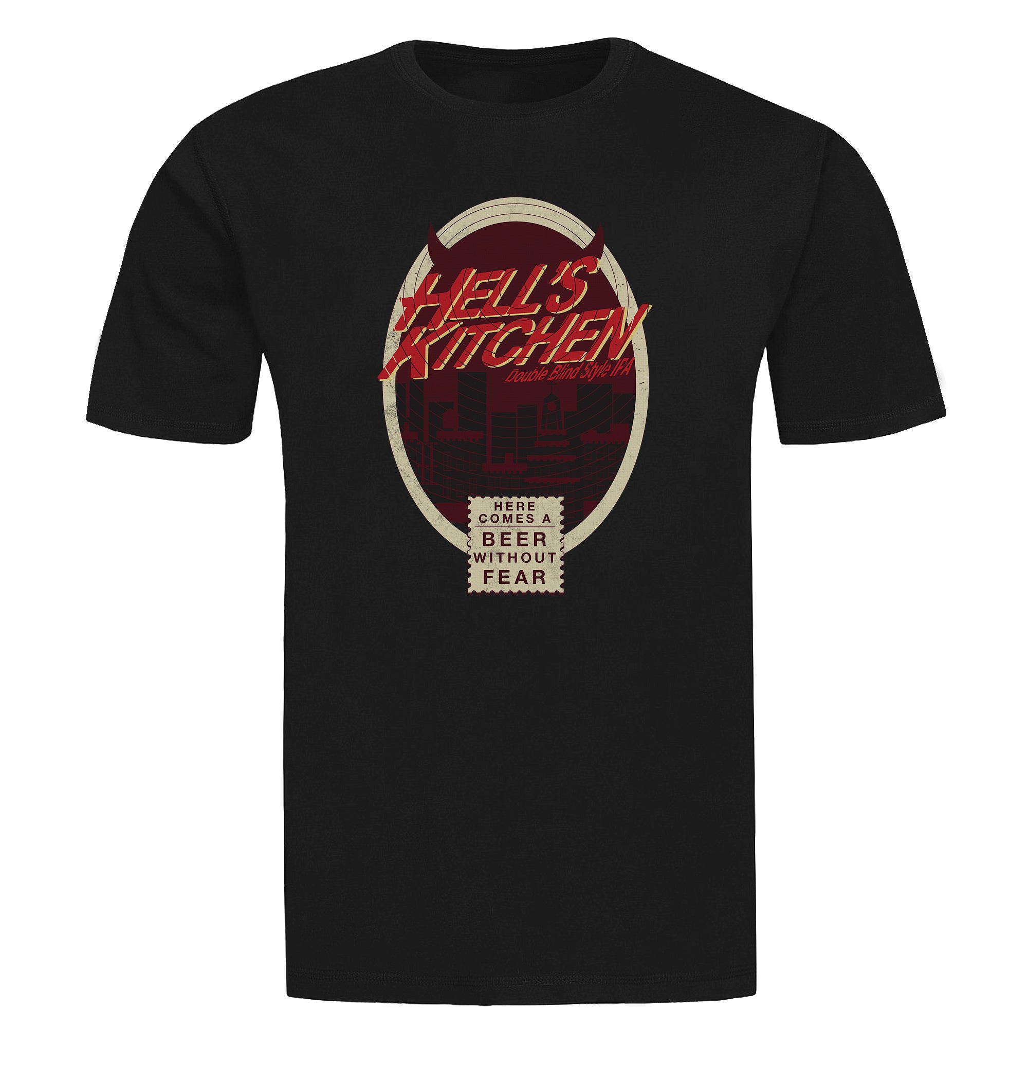 Black tee featuring Here Comes a Beer Without Fear slogan and IPA logo