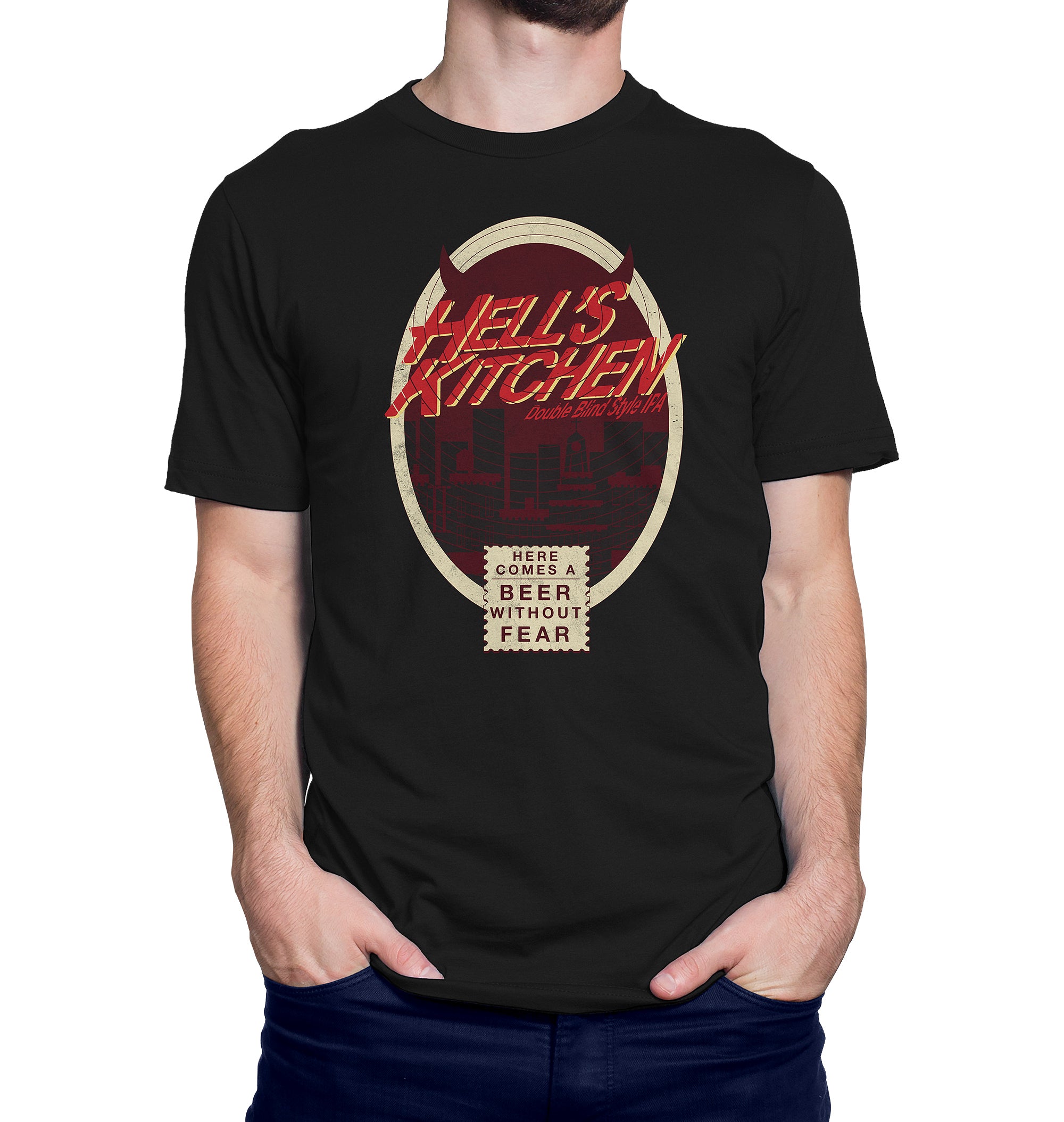 Hell’s Kitchen Brewery T-shirt with red script and city skyline graphic
