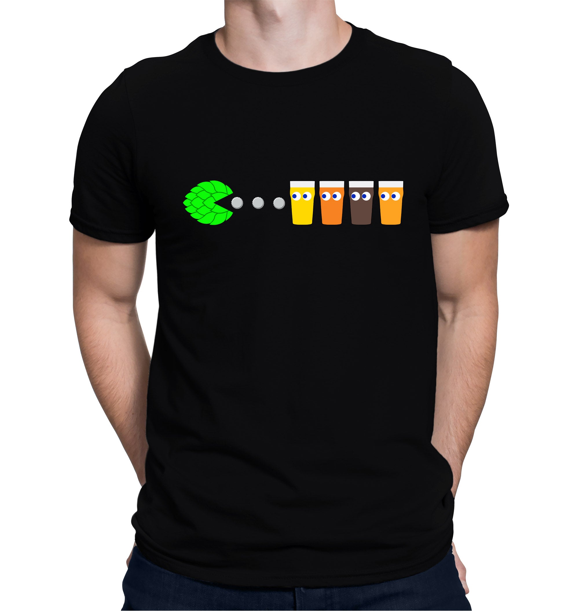 Hop-Man beer t-shirt featuring hop cone styled like Pac-Man