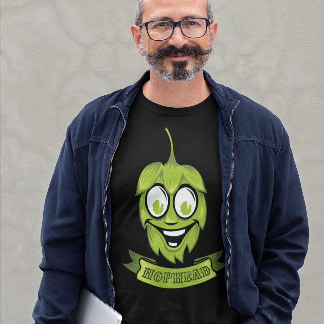 Black tee featuring anthropomorphic hop cone and HOPHEAD text