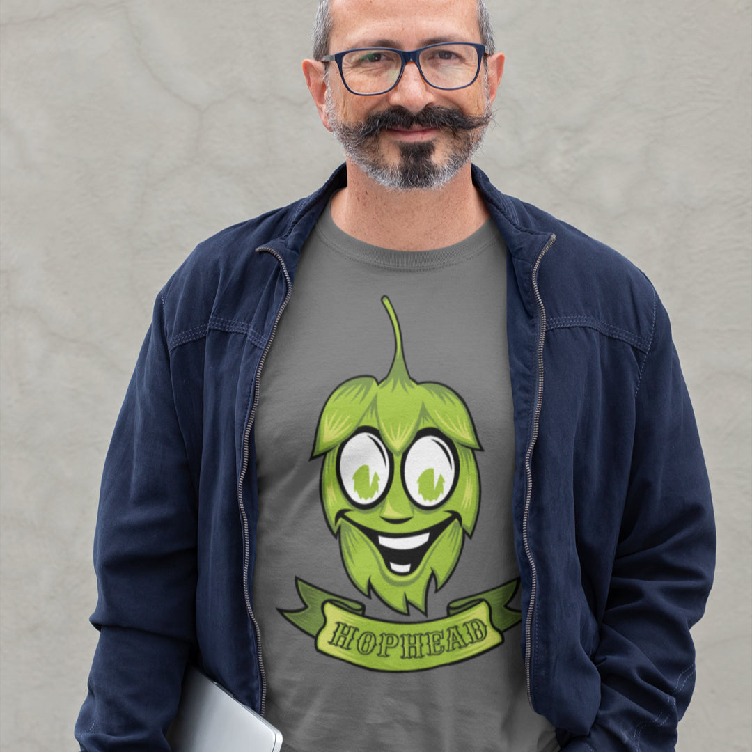 ray Happy Hop Head T-shirt with smiling hop character and banner