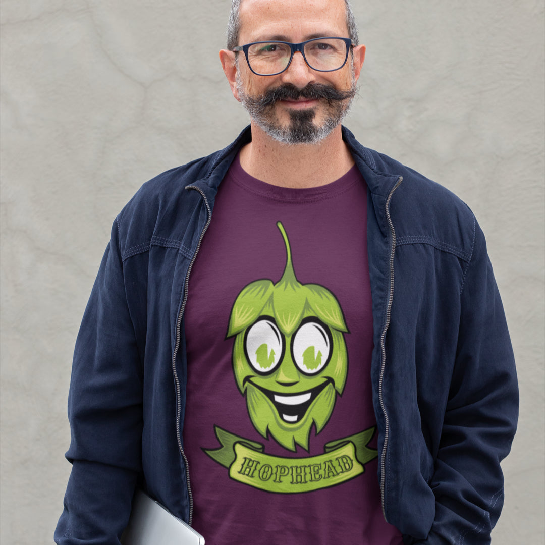 Purple craft beer shirt with happy hop graphic on front
